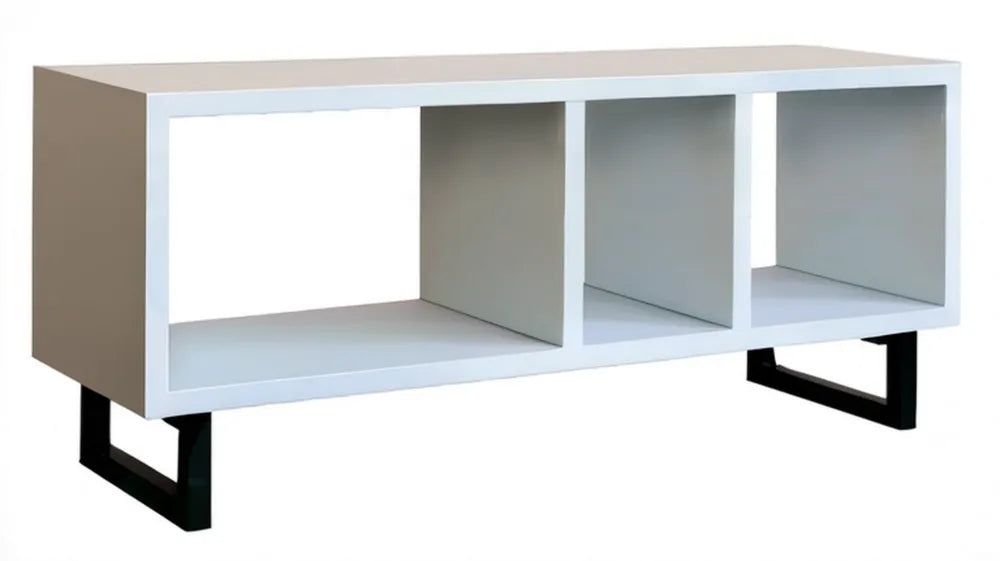 Biała konstrukcja MDF na czarnych stalowych nogach z 3 otwartymi przegrodami, 120 x 40 x 45 cm