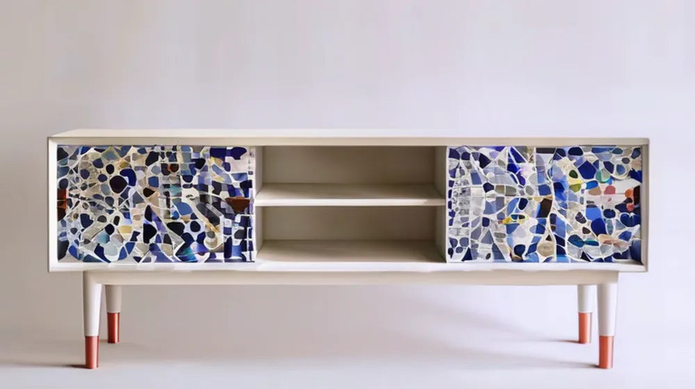 Biała szafka RTV z mozaikowymi frontami, 140 x 40 x 65 cm