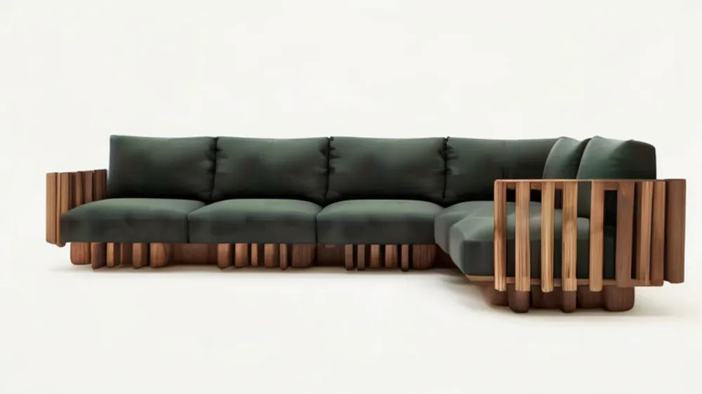 4-osobowa sofa narożna w kształcie L z litego drewna akacjowego, ciemnozielona i brązowa, 300 x 90 x 75 cm