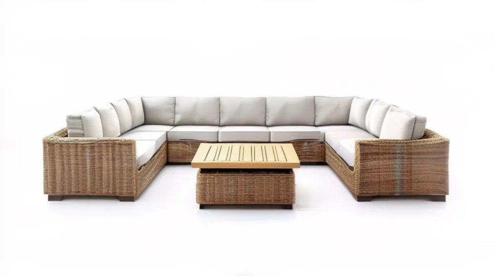 7-częściowy narożny zestaw ogrodowy z technorattanu brązowy z kremowymi poduszkami i stolikiem, 330 x 220 x 70 cm