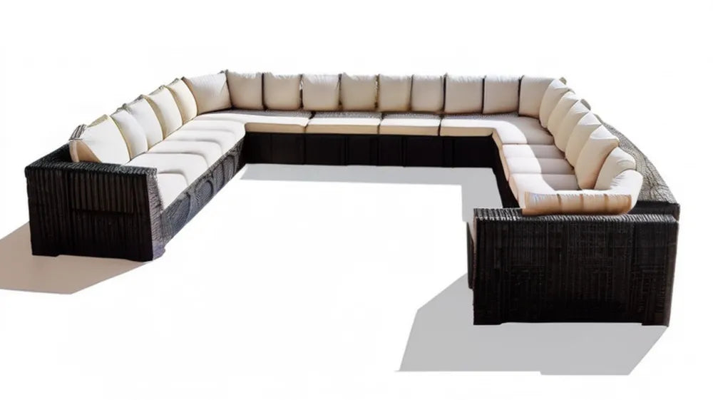 Modułowa sofa ogrodowa w kształcie U z technorattanu, czarna z kremowymi poduszkami, 420 x 300 x 75 cm
