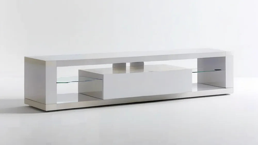 Biała prostokątna szafka RTV z MDF i szkła hartowanego, 180 × 40 × 45 cm