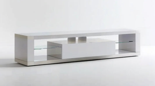 Biała prostokątna szafka RTV z MDF i szkła hartowanego, 180 × 40 × 45 cm